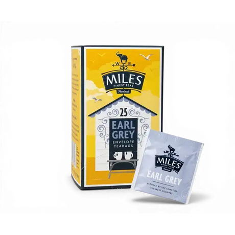 Miles tea and coffee earl grey envelope teabags 25 count yellow and black box with silver foil grey envelope teabags