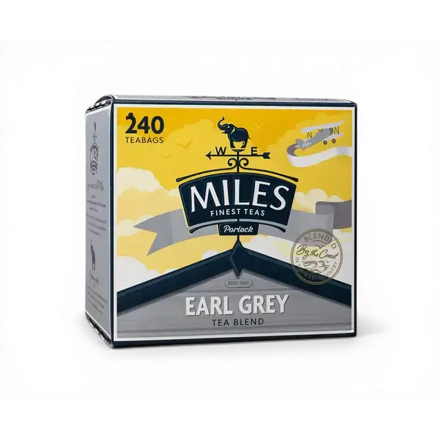Yellow and gray box of miles tea earl grey teabags with vintage elephant logo and italian bergamot oil blend