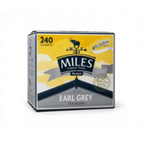 Yellow and gray box of miles tea earl grey teabags with vintage elephant logo and italian bergamot oil blend