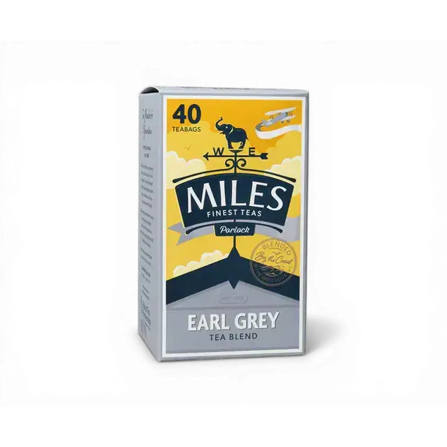 Miles tea earl grey teabags box with yellow grey packaging featuring elephant weather vane and italian bergamot oil