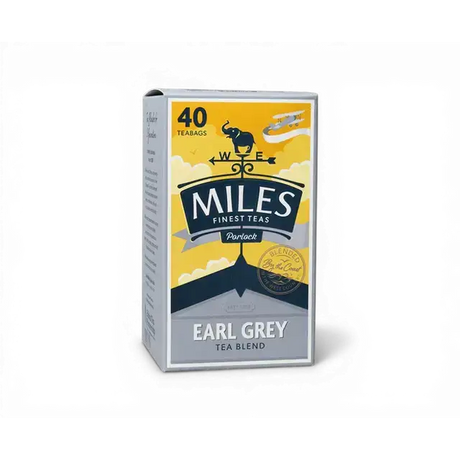Miles tea earl grey teabags box with yellow grey packaging featuring elephant weather vane and italian bergamot oil