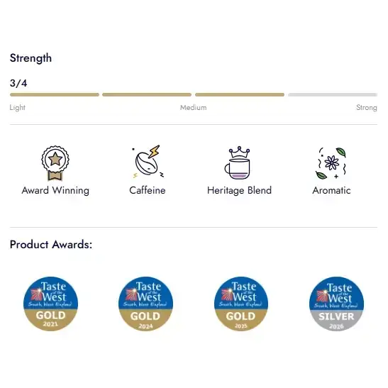 Silver award-winning heritage roast coffee blend from taste west with medium caffeine and aromatic notes, miles tea earl