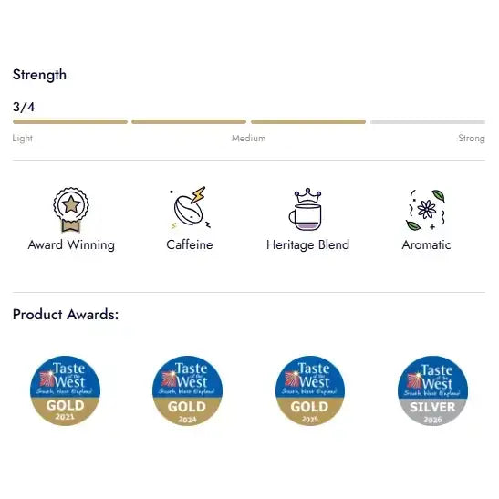 Silver award-winning taste west coffee blend with medium caffeine and aromatic heritage roast on miles tea earl grey teabags package