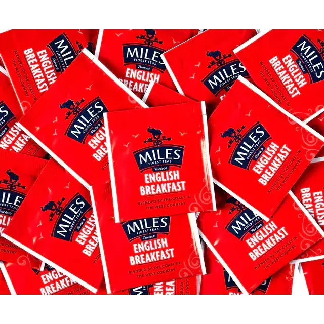 Red rectangular miles english breakfast envelope teabags with black logo white text and elephant design for breakfast tea