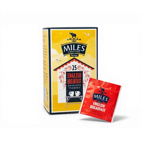 Miles finest teas english breakfast envelope teabags in yellow box with red breakfast envelope teabags inside