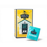 Miles tea envelope peppermint teabags with real peppermint leaves in yellow and teal box with 25 count and teal bag