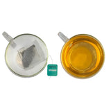 Two clear glass teacups with golden brewed tea and a used peppermint tea bag from miles tea envelope peppermint teabags with real peppermint leaves