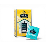 Miles tea envelope peppermint teabags in a yellow and teal box with 25 count and real peppermint leaves shown with a teal tea bag