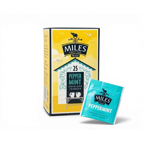 Miles tea envelope peppermint teabags in a yellow and teal box with 25 count and real peppermint leaves shown with a teal tea bag