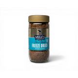 Miles tea freeze dried instant coffee in a clear glass jar with gold lid perfect for hot chocolate or coffee lovers