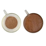 Two clear glass mugs with lighter and darker brown powder of miles heavenly hot coffee hot chocolate mix