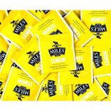 Bright yellow miles tea lemon envelope teabags with a black logo on glossy lemon verbena packaging