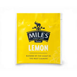 Bright yellow lemon envelope teabags from miles tea lemon with a black elephant logo and lemon verbena flavor