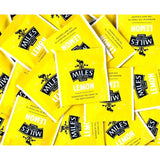 Bright yellow miles tea lemon envelope teabags with black logo on glossy packs featuring lemon verbena flavor