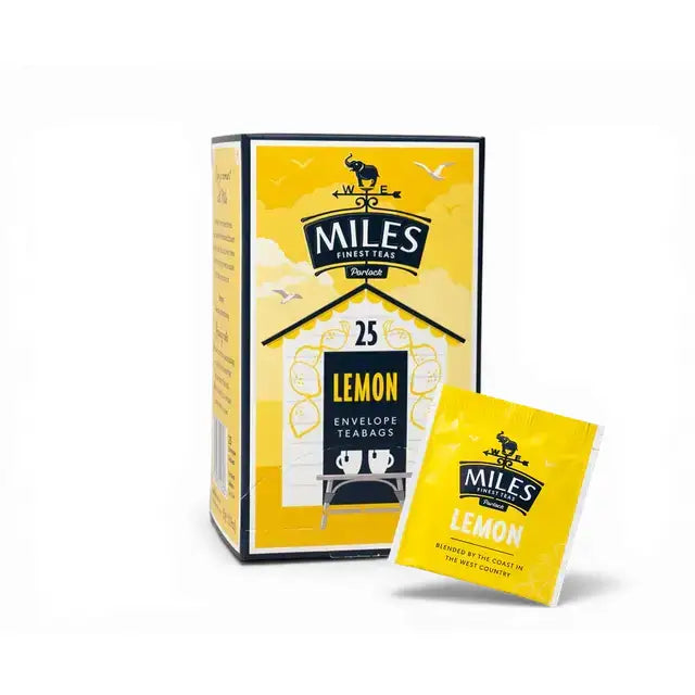 Yellow miles tea lemon envelope teabags with 25 count box and lemon verbena flavor perfect for refreshing tea fans