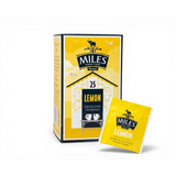 Yellow miles tea lemon envelope teabags box with 25 count and individual packet featuring lemon verbena flavor