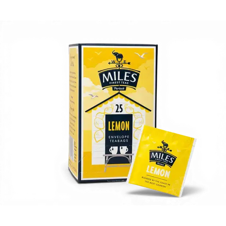 Yellow miles tea lemon envelope teabags box with 25 count and individual packet featuring lemon verbena flavor