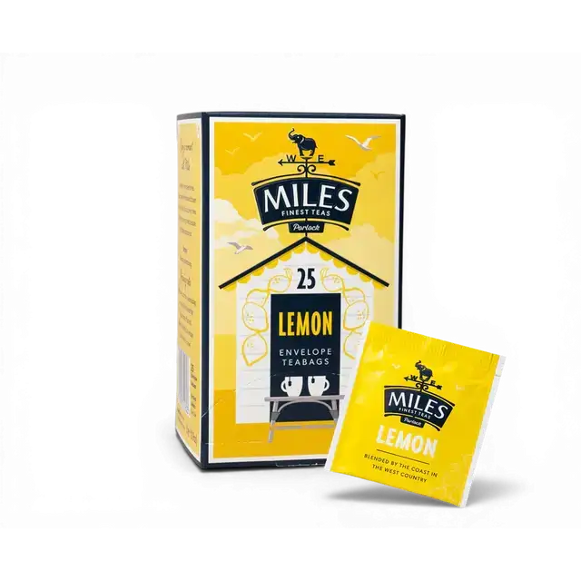 Yellow miles tea lemon envelope teabags box with 25 count and individual packet featuring lemon verbena flavor