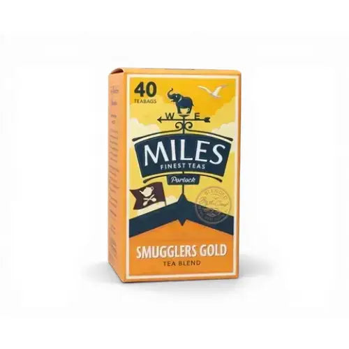 Miles tea smugglers gold ceylon tea blend box in yellow and navy blue with elephant logo and pirate-themed design