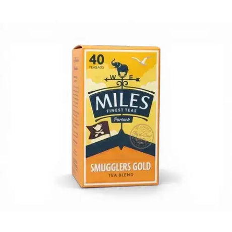 Miles tea smugglers gold ceylon tea blend box in yellow and navy blue with elephant logo and pirate-themed design