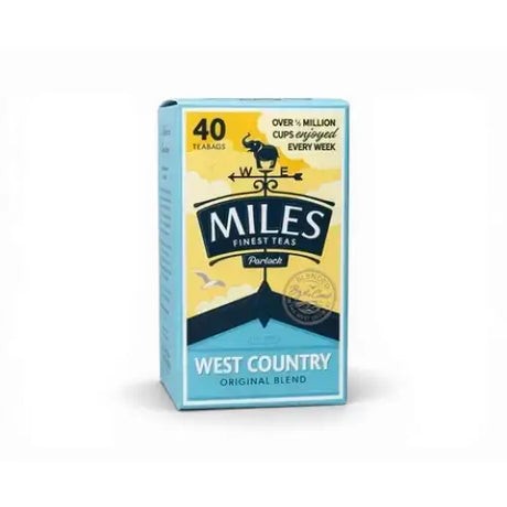 Miles west country original teabags box in blue and yellow with elephant logo perfect for english breakfast tea fans