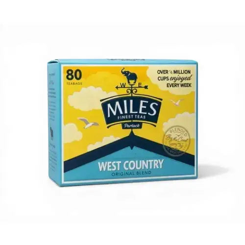 Miles west country original teabags box with bright yellow and blue design featuring clouds and elephant logo English breakfast tea
