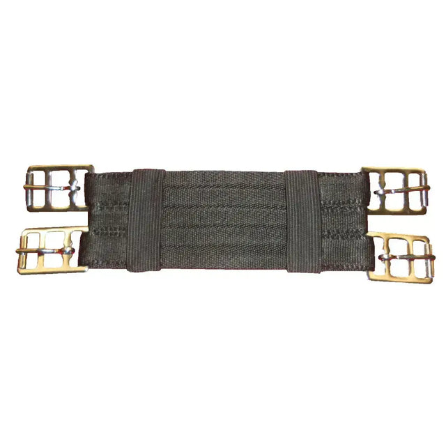 Dark gray woven mini girth with four brass-colored buckles perfect for standard saddles from your local tack shop