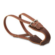 Brown leather weaver miracle collar camera strap with silver buckles and reinforced stitching stops cribbing humanely