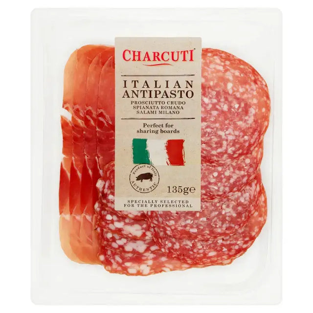 Mixed antipasti selection charcuti with thinly sliced prosciutto crudo spianata romana and salami milano in clear pack