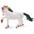 A white plastic mojo unicorn rainbow figurine with a rainbow mane tail gold hooves and purple star decals