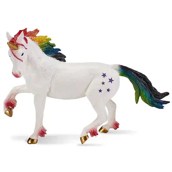 A white plastic mojo unicorn rainbow figurine with a rainbow mane tail gold hooves and purple star decals