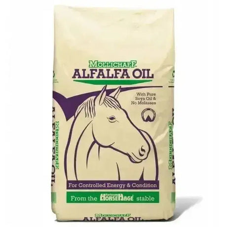 Mollichaff alfalfa oil horse feed bag beige with green purple branding and a stylized horse illustration molasses free option
