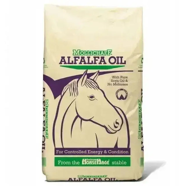 Mollichaff alfalfa oil horse feed bag beige with green purple branding and a stylized horse illustration molasses free option