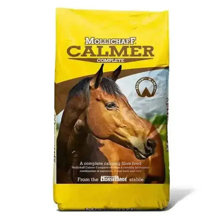 Yellow bag of mollichaff calmer complete fibre feed for horses featuring a brown horse illustration and brand logo