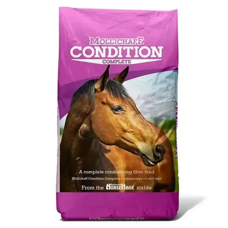 Purple mollichaff condition bag with brown horse head low starch blend complete concentrate feed