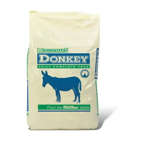 Cream-colored mollichaff donkey complete bag with blue donkey silhouette and green branding highly palatable mix