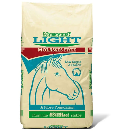 Mollichaff light molasses free horse feed bag in cream with teal and green branding providing essential fibre for laminitis overweight horses