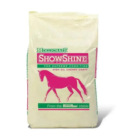 Cream-colored bag of mollichaff showshine horse high oil chaff with pink and green branding for showshine horse feed