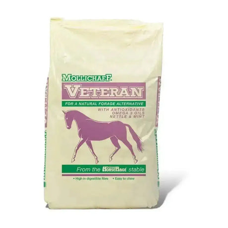 Cream-colored mollichaff veteran horse feed bag with purple green branding featuring high fibre forage illustration
