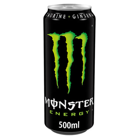 A black aluminum monster regular energy drink 500ml can with bright green claw logo featuring taurine and ginseng