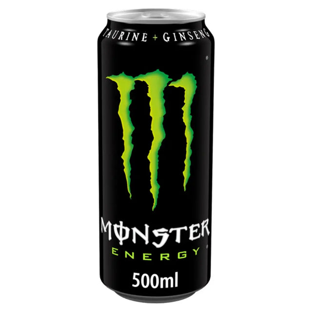A black aluminum monster regular energy drink 500ml can with bright green claw logo featuring taurine and ginseng