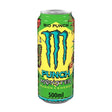 A vibrant green and yellow can of monster rio energy drink with blue claw logo and tropical fruit illustrations