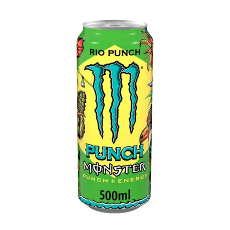 A vibrant green and yellow can of monster rio energy drink with blue claw logo and tropical fruit illustrations