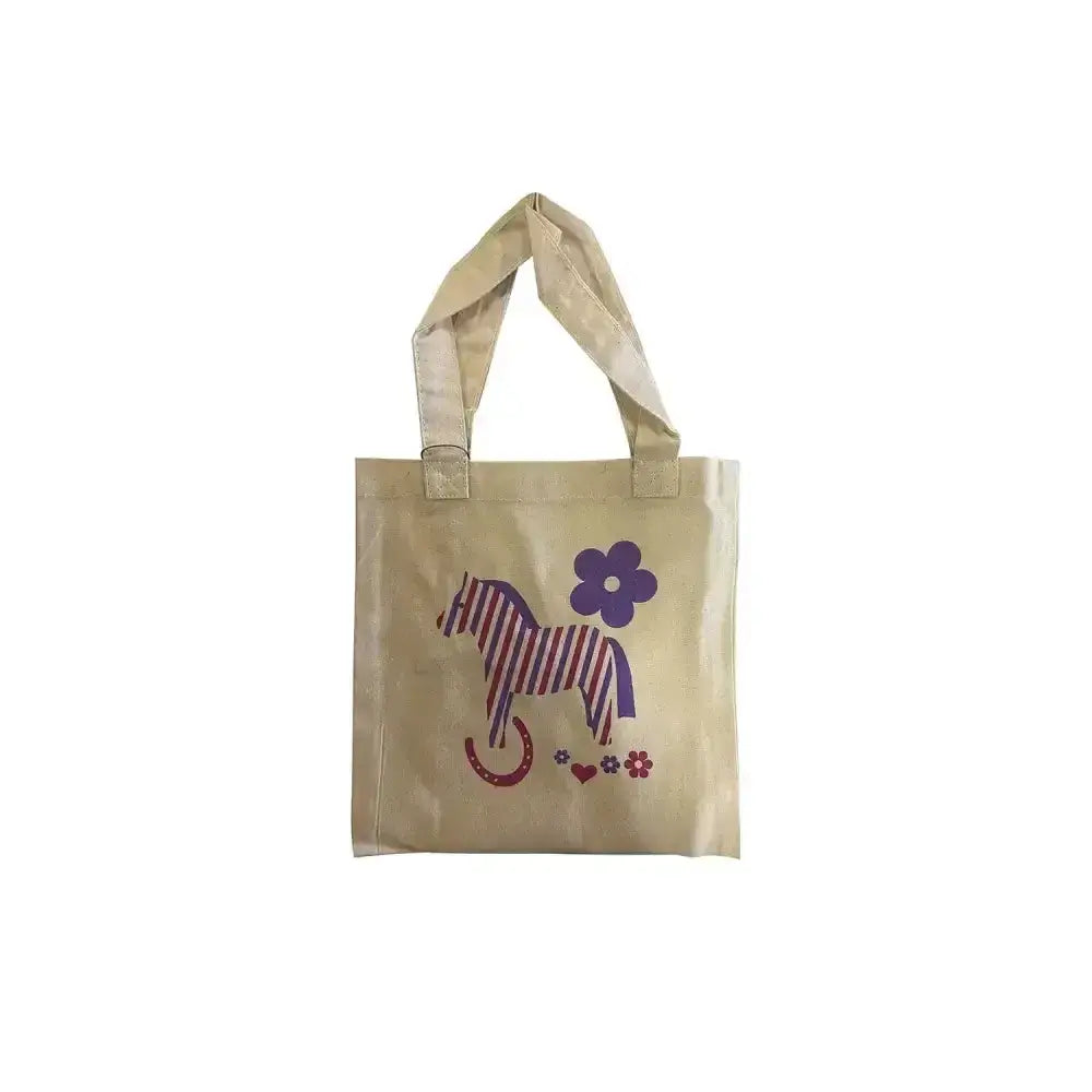 Beige moorland rider cotton tote bag with playful pink equestrian print and purple flower accents rider cotton gift