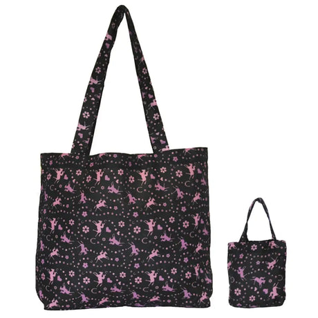 Black moorland rider foldaway shopper tote bag with pink unicorn and daisy print floral patterns