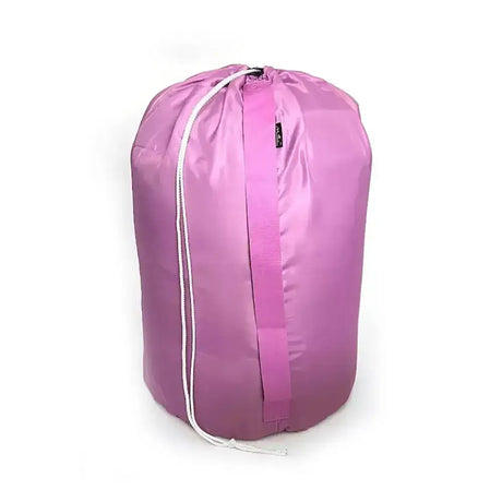A sleek vibrant pink moorland rider hay versatile carry sack with white drawstring and subtle brand tag on the side