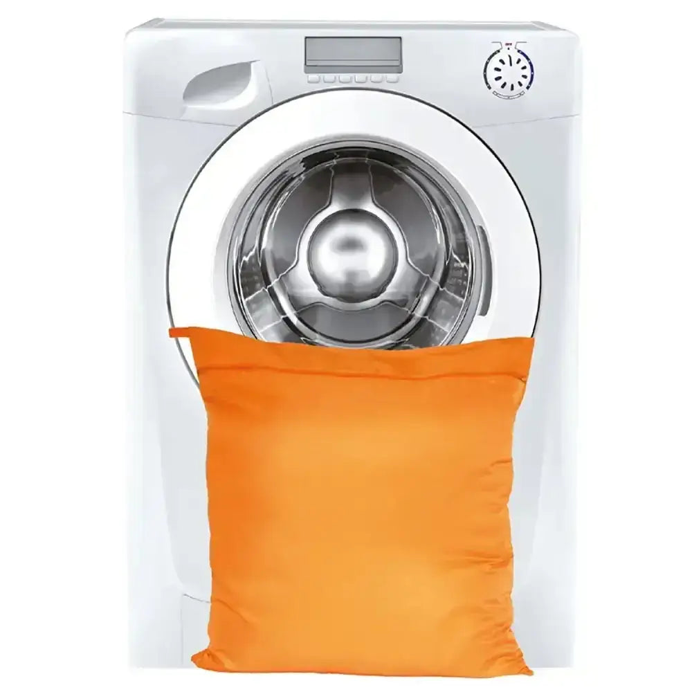 Bright orange moorland rider horsewear horsewear wash-bag small in front of white washer for loose horse hair cleaning