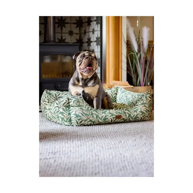 A plush olive-green and cream leaf-patterned dog bed with soft fabric finish featuring morris & co willow boughs print