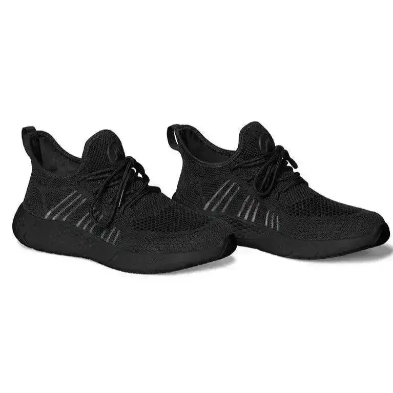 Black knit mountain horse airflow sneaker with subtle gray stripes and shockx advanced insole for comfort