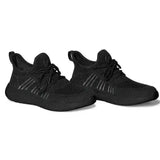 Black knit mountain horse airflow sneaker with subtle gray stripes and shockx advanced insole for comfort